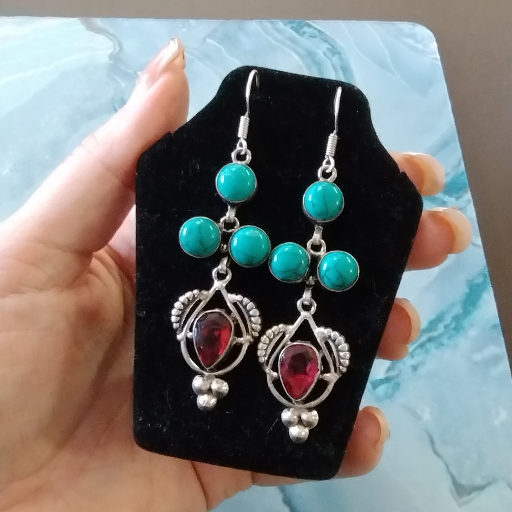 925 Garnet Turquoise Earrings - Picture 8 of 9
